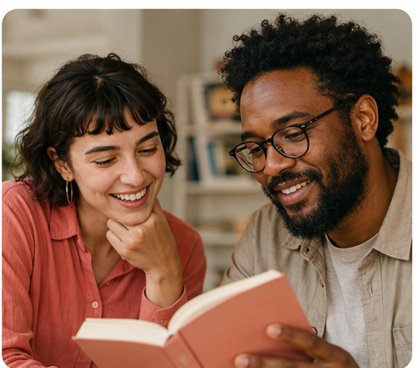 Two people happily sharing a book